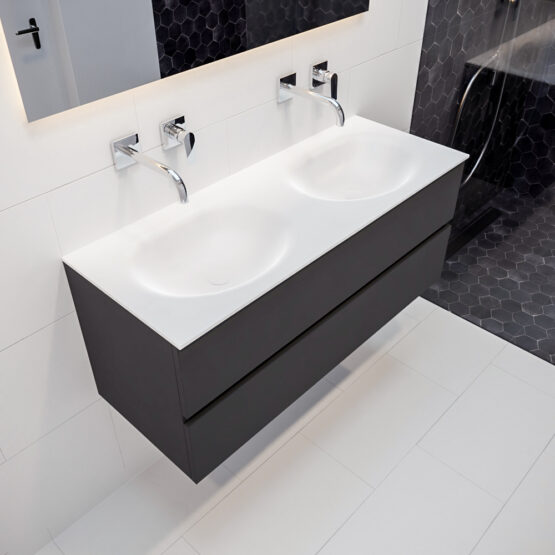 MONDIAZ VICA 120cm mueble de baño Dark Grey 2 cajones lavabo MOON Doble sin orificio con espejo LED.