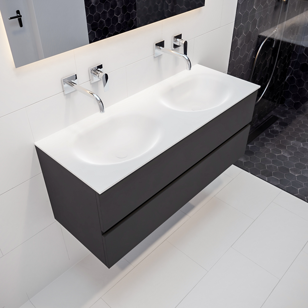 MONDIAZ VICA 120cm mueble de baño Dark Grey 2 cajones lavabo MOON Doble sin orificio con espejo LED. 1 MONDIAZ VICA 120cm mueble de baño Dark Grey 2 cajones lavabo MOON Doble sin orificio con espejo LED.