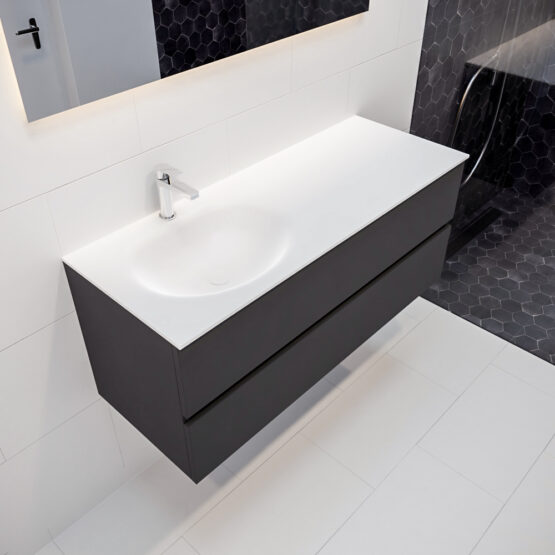 MONDIAZ VICA 120cm mueble de baño Dark Grey 2 cajones lavabo MOON Izquierda 1 orificio con espejo LED.