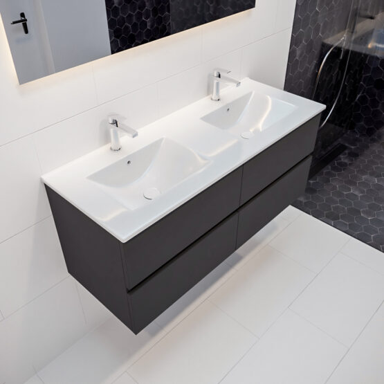 MONDIAZ VICA 120cm mueble de baño Dark Grey 4 cajones lavabo DENIA Doble 2 orificios con espejo LED.