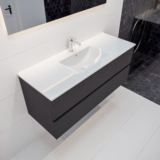MONDIAZ VICA 120cm mueble de baño Dark Grey 2 cajones lavabo DENIA Centro 1 orificio con espejo LED.