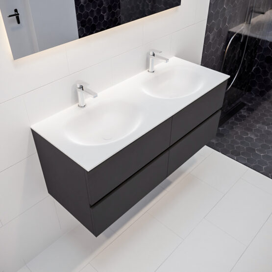 MONDIAZ VICA 120cm mueble de baño Dark Grey 4 cajones lavabo MOON Doble 2 orificios con espejo LED.