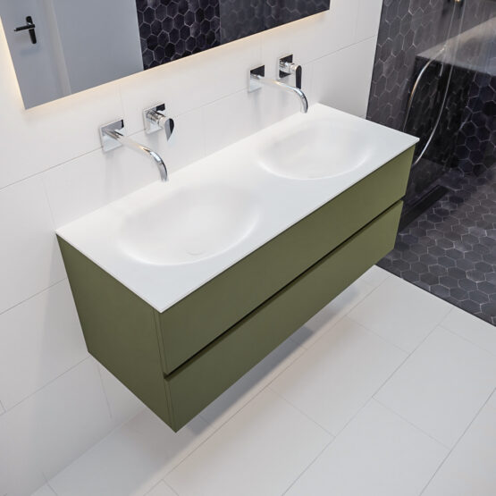 MONDIAZ VICA 120cm mueble de baño Army 2 cajones lavabo MOON Doble sin orificio con espejo LED.