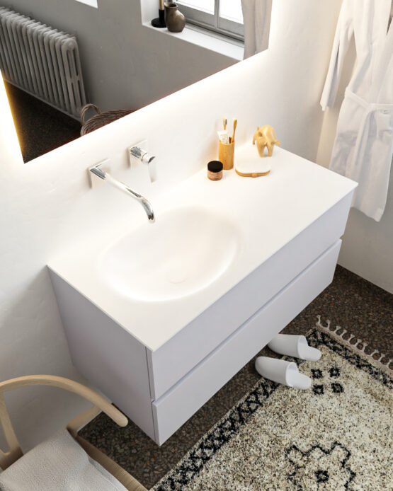 MONDIAZ VICA 100cm mueble de baño Cale 2 cajones lavabo MOON Izquierda sin orificio con espejo LED.