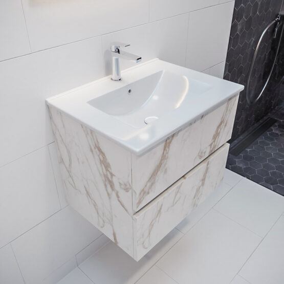 MONDIAZ VICA 60cm mueble de baño Carrara 2 cajones lavabo DENIA Centro 1 orificio con espejo LED.