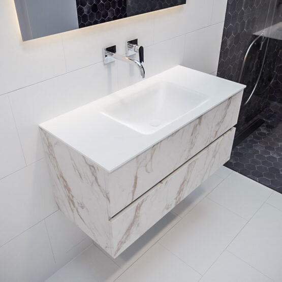 MONDIAZ VICA 100cm mueble de baño Carrara 2 cajones lavabo CLOUD Centro sin orificio con espejo LED.
