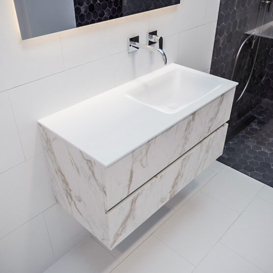 MONDIAZ VICA 100cm mueble de baño Carrara 2 cajones lavabo CLOUD Derecho sin orificio con espejo LED.
