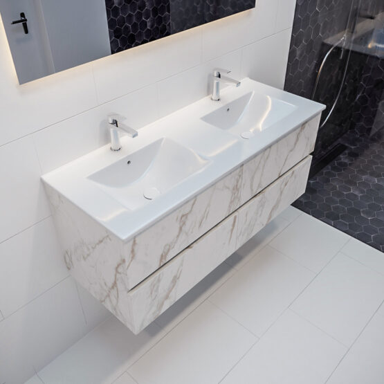 MONDIAZ VICA 120cm mueble de baño Carrara 4 cajones lavabo DENIA Doble 2 orificios con espejo LED.