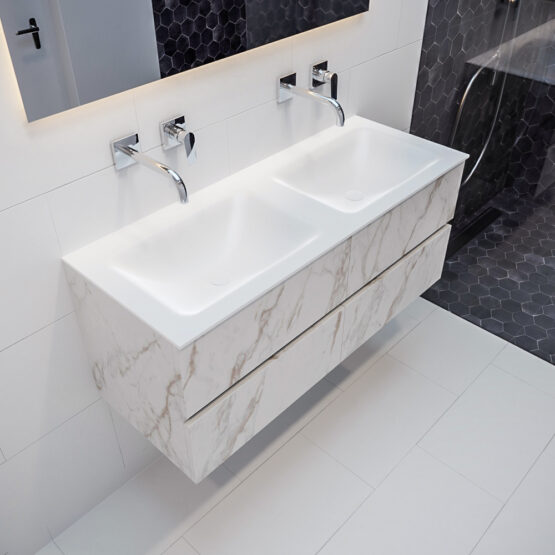 MONDIAZ VICA 120cm mueble de baño Carrara 4 cajones lavabo CLOUD Doble sin orificio con espejo LED.