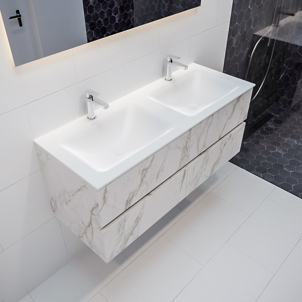 MONDIAZ VICA 120cm mueble de baño Carrara 4 cajones lavabo CLOUD Doble 2 orificios con espejo LED. 1 MONDIAZ VICA 120cm mueble de baño Carrara 4 cajones lavabo CLOUD Doble 2 orificios con espejo LED.