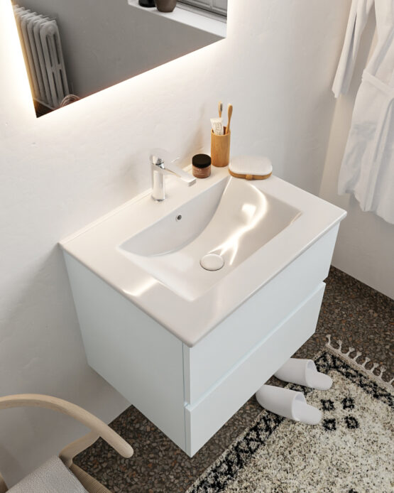 MONDIAZ VICA 60cm mueble de baño Clay 2 cajones lavabo DENIA Centro 1 orificio con espejo LED.