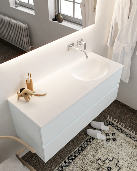 MONDIAZ VICA 120cm mueble de baño Clay 2 cajones lavabo MOON Derecho sin orificio con espejo LED.