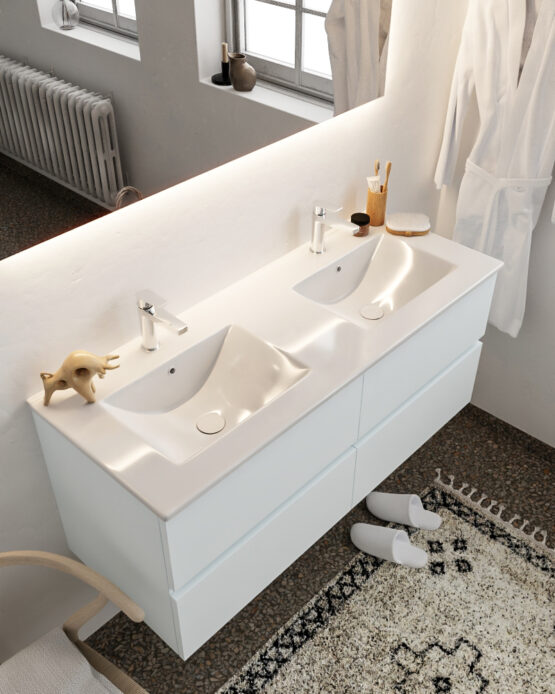 MONDIAZ VICA 120cm mueble de baño Clay 4 cajones lavabo DENIA Doble 2 orificios con espejo LED.