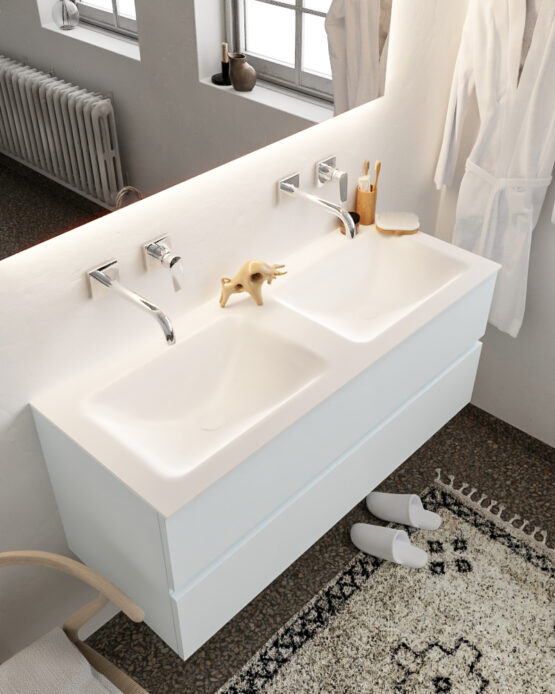 MONDIAZ VICA 120cm mueble de baño Clay 2 cajones lavabo CLOUD Doble sin orificio con espejo LED.