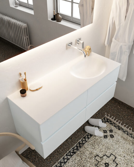 MONDIAZ VICA 120cm mueble de baño Clay 4 cajones lavabo MOON Derecho sin orificio con espejo LED.