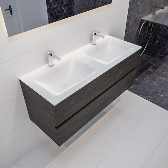 MONDIAZ VICA 120cm mueble de baño Dark Brown 2 cajones lavabo CLOUD Doble 2 orificios con espejo LED.