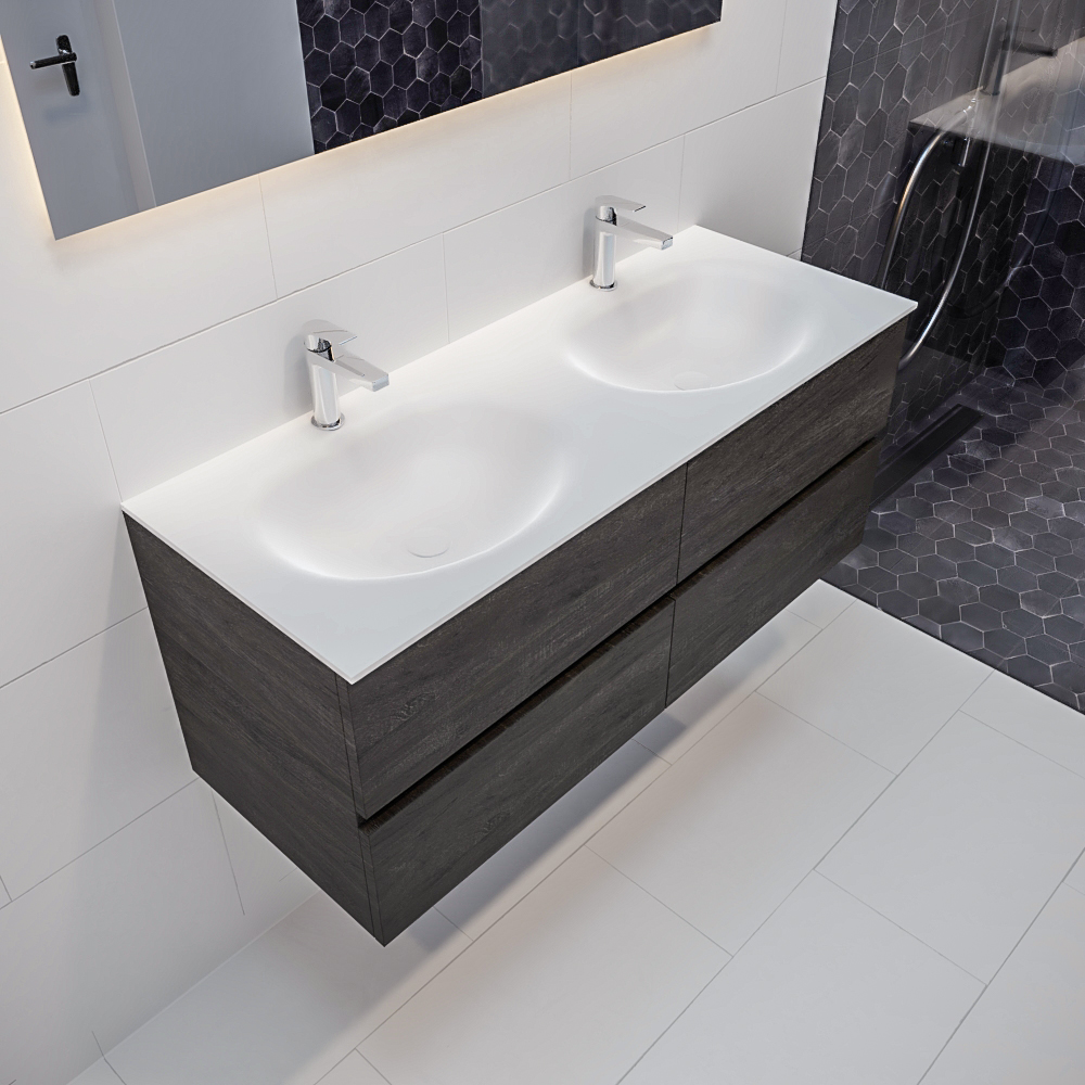 MONDIAZ VICA 120cm mueble de baño Dark Brown 4 cajones lavabo MOON Doble 2 orificios con espejo LED. 1 MONDIAZ VICA 120cm mueble de baño Dark Brown 4 cajones lavabo MOON Doble 2 orificios con espejo LED.