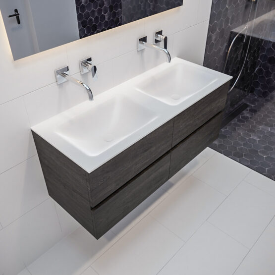 MONDIAZ VICA 120cm mueble de baño Dark Brown 4 cajones lavabo CLOUD Doble sin orificio con espejo LED.