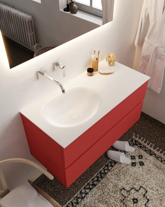 MONDIAZ VICA 100cm mueble de baño Fire 2 cajones lavabo MOON Izquierda sin orificio con espejo LED.