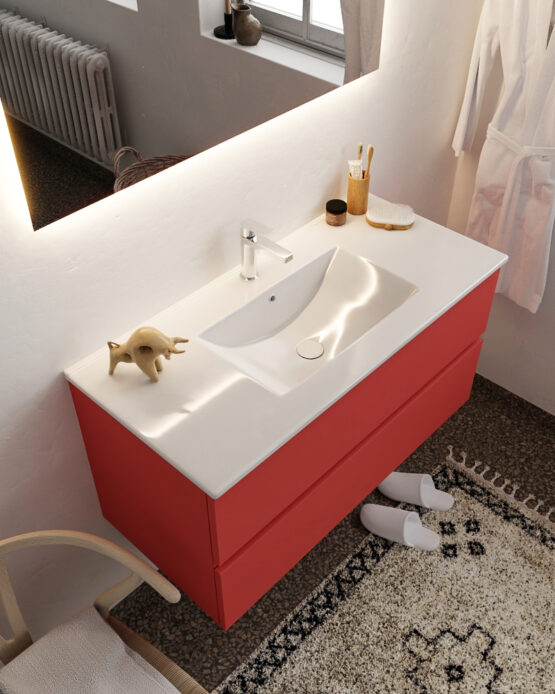 MONDIAZ VICA 100cm mueble de baño Fire 2 cajones lavabo DENIA Centro 1 orificio con espejo LED.