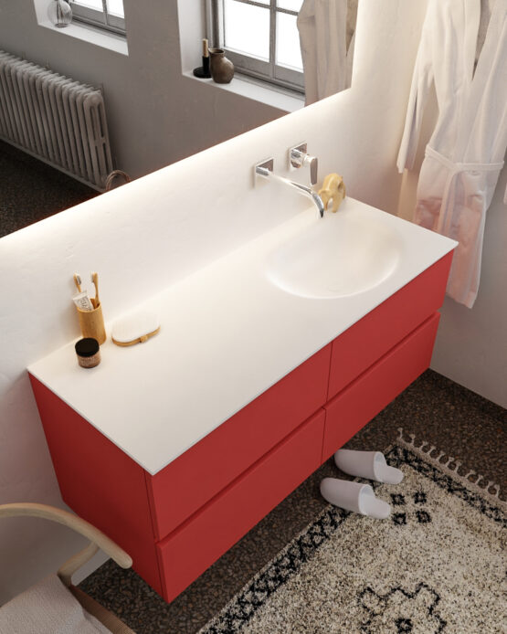 MONDIAZ VICA 120cm mueble de baño Fire 4 cajones lavabo MOON Derecho sin orificio con espejo LED.