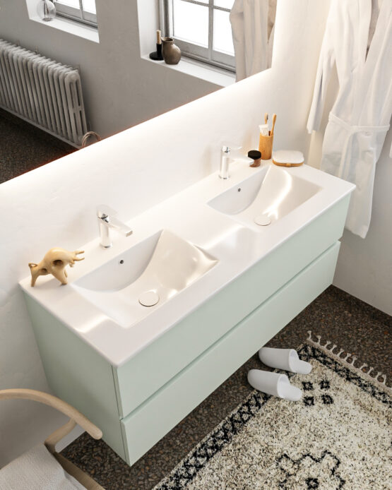 MONDIAZ VICA 120cm mueble de baño Greey 2 cajones lavabo DENIA Doble 2 orificios con espejo LED.