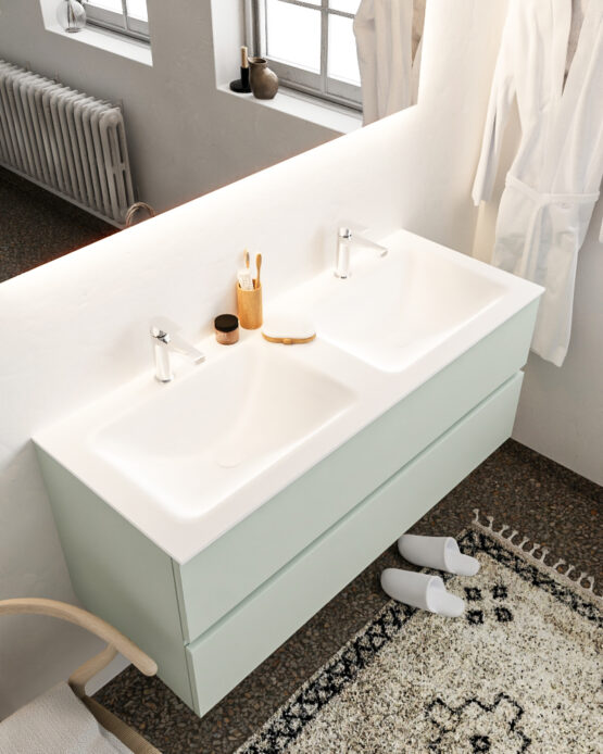 MONDIAZ VICA 120cm mueble de baño Greey 2 cajones lavabo CLOUD Doble 2 orificios con espejo LED.