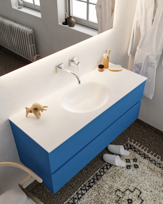 MONDIAZ VICA 120cm mueble de baño Jeans 2 cajones lavabo MOON Centro sin orificio con espejo LED.