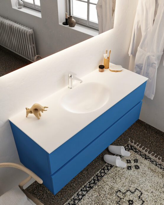 MONDIAZ VICA 120cm mueble de baño Jeans 2 cajones lavabo MOON Centro 1 orificio con espejo LED.
