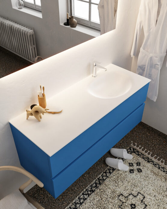 MONDIAZ VICA 120cm mueble de baño Jeans 2 cajones lavabo MOON Derecho 1 orificio con espejo LED.