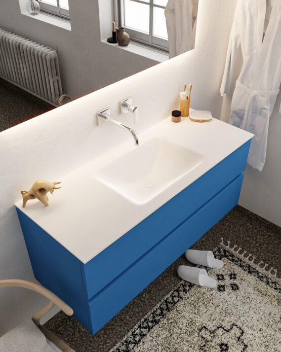 MONDIAZ VICA 120cm mueble de baño Jeans 2 cajones lavabo CLOUD Centro sin orificio con espejo LED.