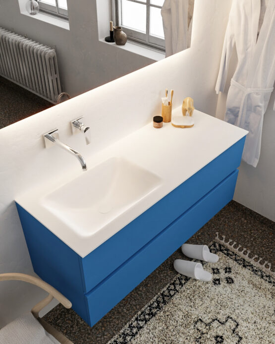 MONDIAZ VICA 120cm mueble de baño Jeans 2 cajones lavabo CLOUD Izquierda sin orificio con espejo LED.
