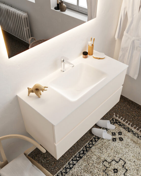 MONDIAZ VICA 100cm mueble de baño Linen 2 cajones lavabo CLOUD Centro 1 orificio con espejo LED.