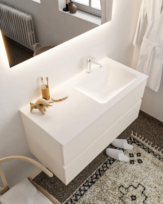 MONDIAZ VICA 100cm mueble de baño Linen 2 cajones lavabo CLOUD Derecho 1 orificio con espejo LED.