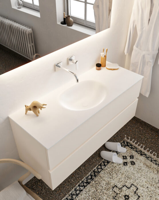 MONDIAZ VICA 120cm mueble de baño Linen 2 cajones lavabo MOON Centro sin orificio con espejo LED.