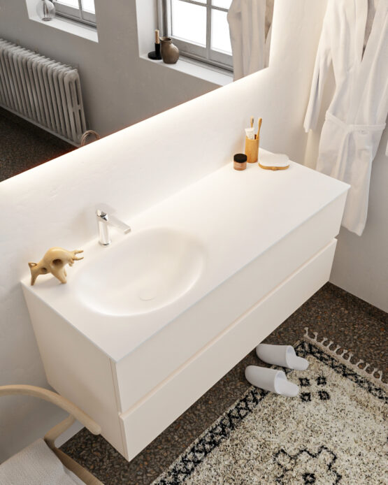 MONDIAZ VICA 120cm mueble de baño Linen 2 cajones lavabo MOON Izquierda 1 orificio con espejo LED.