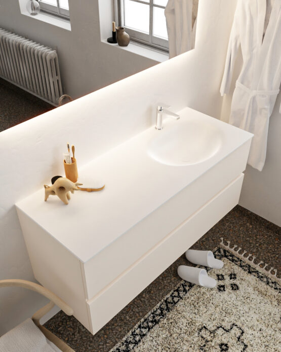 MONDIAZ VICA 120cm mueble de baño Linen 2 cajones lavabo MOON Derecho 1 orificio con espejo LED.