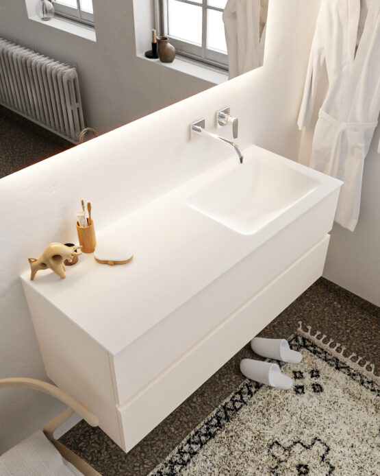 MONDIAZ VICA 120cm mueble de baño Linen 2 cajones lavabo CLOUD Derecho sin orificio con espejo LED.