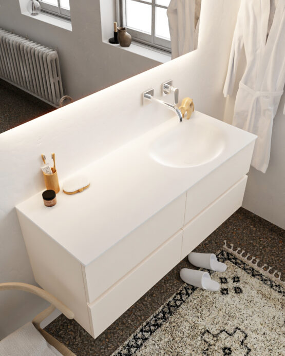 MONDIAZ VICA 120cm mueble de baño Linen 4 cajones lavabo MOON Derecho sin orificio con espejo LED.