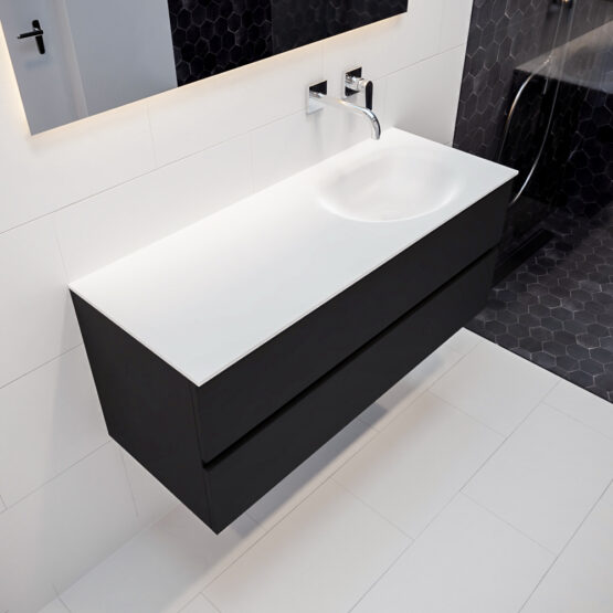 MONDIAZ VICA 120cm mueble de baño Urban 2 cajones lavabo MOON Derecho sin orificio con espejo LED.