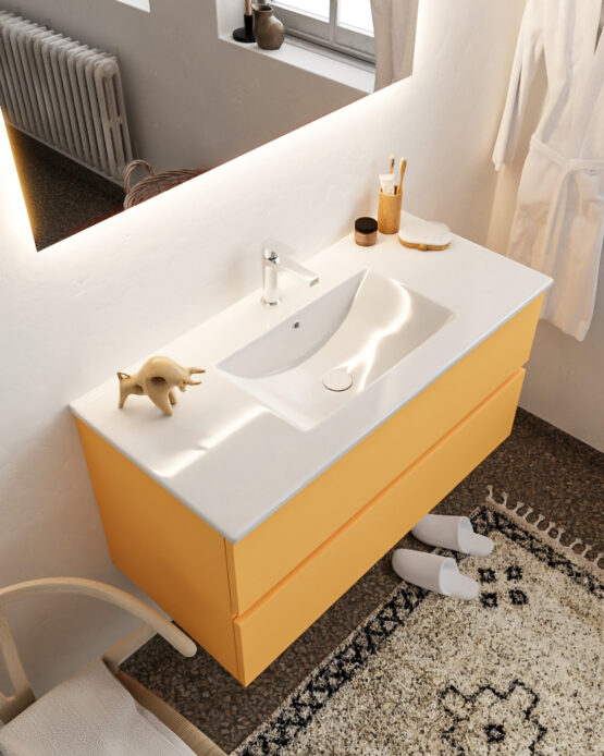 MONDIAZ VICA 100cm mueble de baño Ocher 2 cajones lavabo DENIA Centro 1 orificio con espejo LED.