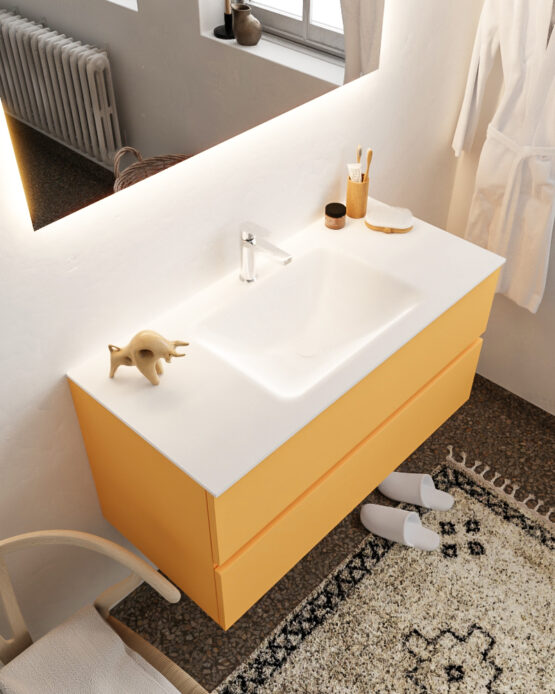MONDIAZ VICA 100cm mueble de baño Ocher 2 cajones lavabo CLOUD Centro 1 orificio con espejo LED.