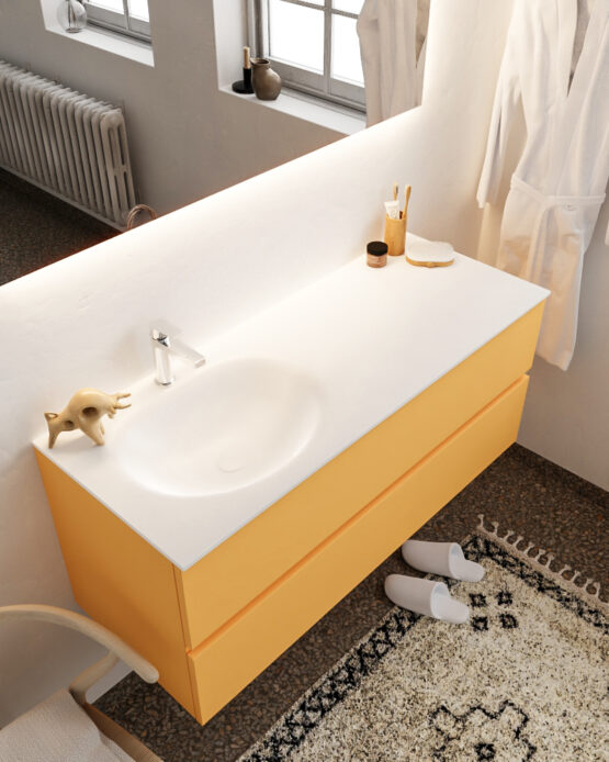 MONDIAZ VICA 120cm mueble de baño Ocher 2 cajones lavabo MOON Izquierda 1 orificio con espejo LED.