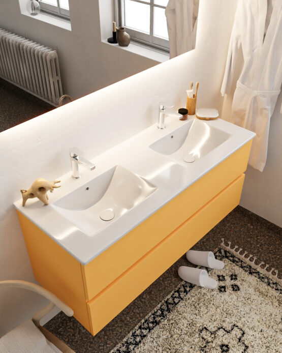 MONDIAZ VICA 120cm mueble de baño Ocher 2 cajones lavabo DENIA Doble 2 orificios con espejo LED.
