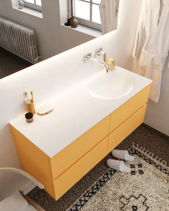 MONDIAZ VICA 120cm mueble de baño Ocher 4 cajones lavabo MOON Derecho sin orificio con espejo LED.