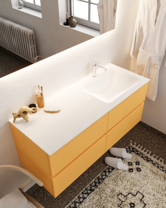 MONDIAZ VICA 120cm mueble de baño Ocher 4 cajones lavabo CLOUD Derecho 1 orificio con espejo LED.