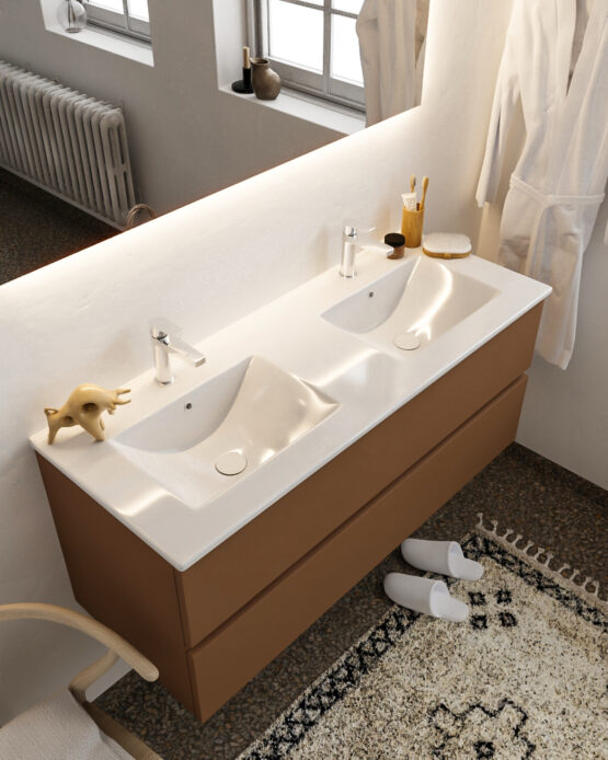 MONDIAZ VICA 120cm mueble de baño Rust 2 cajones lavabo DENIA Doble 2 orificios con espejo LED.