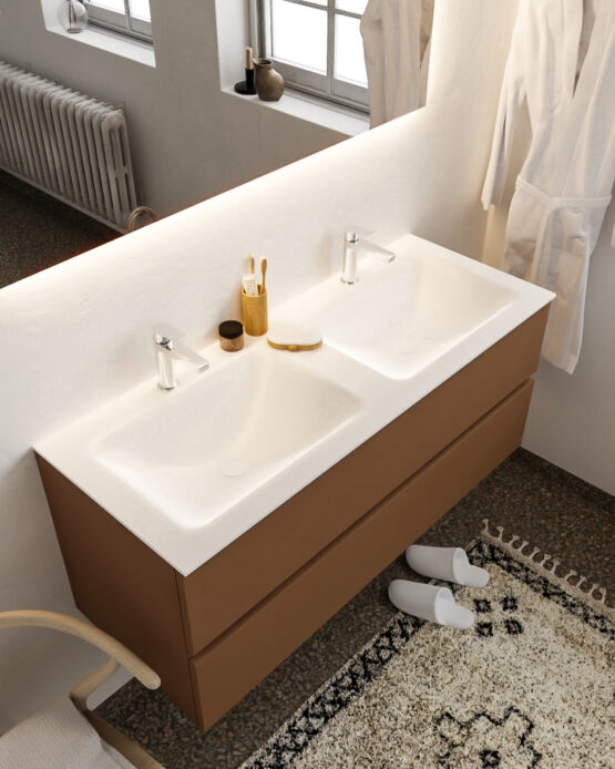 MONDIAZ VICA 120cm mueble de baño Rust 2 cajones lavabo CLOUD Doble 2 orificios con espejo LED.