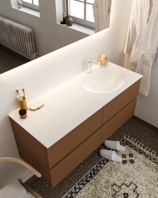 MONDIAZ VICA 120cm mueble de baño Rust 4 cajones lavabo MOON Derecho 1 orificio con espejo LED.