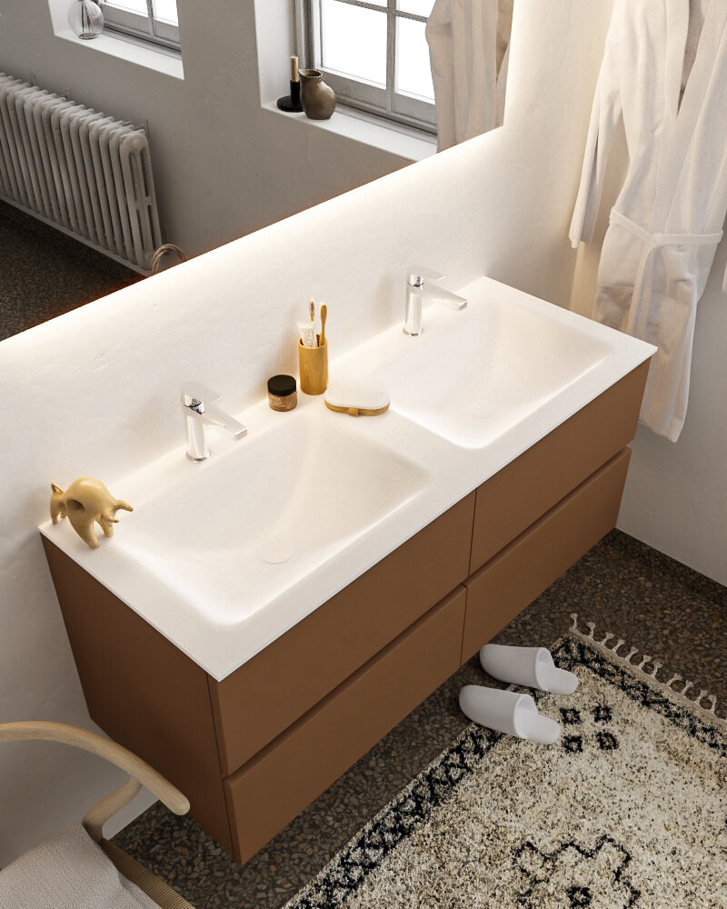 MONDIAZ VICA 120cm mueble de baño Rust 4 cajones lavabo CLOUD Doble 2 orificios con espejo LED. 1 MONDIAZ VICA 120cm mueble de baño Rust 4 cajones lavabo CLOUD Doble 2 orificios con espejo LED.